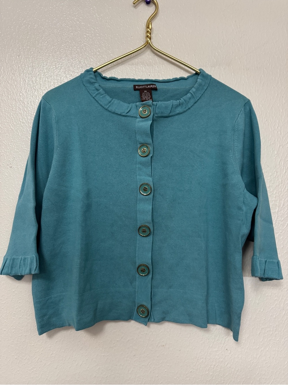 Elliott Lauren Teal Button-Front Ruffle Trim Knit Top